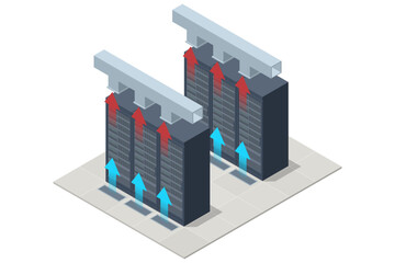 Isometric Network computing technologies. Digital space. Data storage. The data center manages network resources and virtual machines, ensuring high speed and reliability of connections.