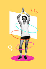 Image collage poster of happy man hula hoop ring waist exericise isolated on painted creative background
