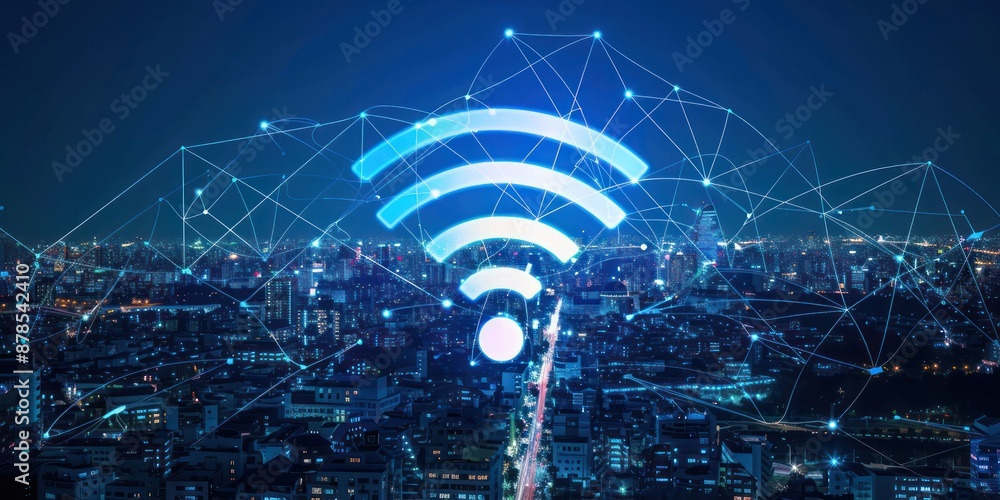Poster wireless network symbol over a cityscape with connectivity lines.