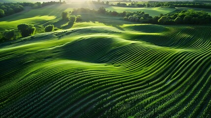 Fototapeta premium Vibrant Green Precision Farming Landscape with Lush Rolling Fields and Hills