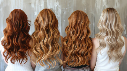 Back view of four women showcasing their long, wavy hair in various shades of blonde, red, and auburn. The image highlights the texture and color variations, set against a rustic wooden background.