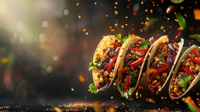 Levitating tacos in air with spices vegetables and Mexican food commercial advertisement menu banner with copy space area