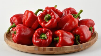 Pile of red peppers in a wooden plate, white background wide angle lens