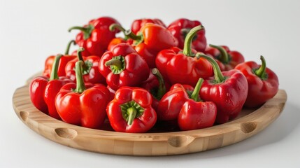 Pile of red peppers in a wooden plate, white background wide angle lens