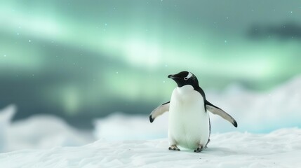Fototapeta premium Penguin sliding down an ice slope under the aurora borealis, playful, vibrant