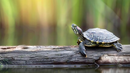 Obraz premium Turtle resting on a log in a serene forest pond, peaceful, tranquil