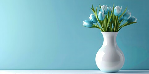 Blue Tulips in White Vase Against a Teal Background.