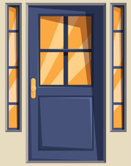 Closed blue front door with glass panels and sidelights, inviting you into a cozy and stylish home