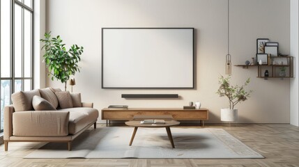 Empty living room mockup a TV wall mounted with sofa in living room with cream color wall- 3D rendering 