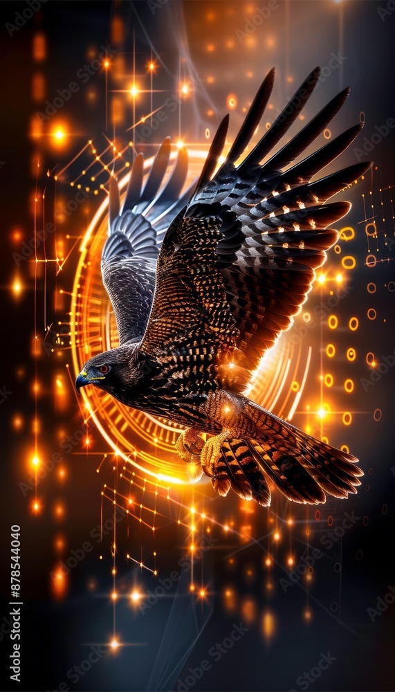 Poster golden eagle soaring through a futuristic digital landscape with glowing lights and technology eleme