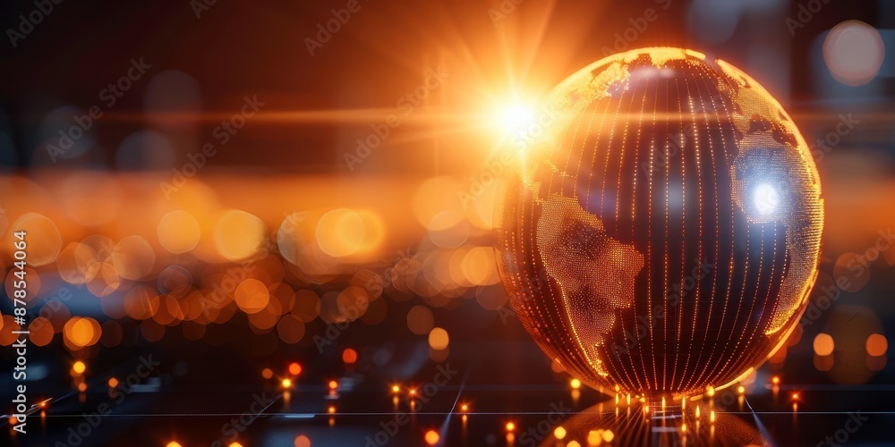 Poster golden globe reflecting light with blurred background, symbolizing global network and digital connec