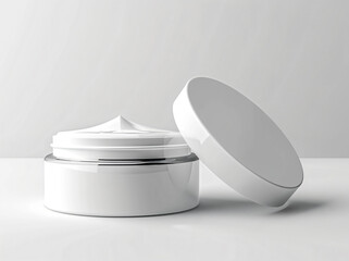 White cosmetic jar with cream isolated on white background, mockup of beauty product in the style of spa and skin care concept.