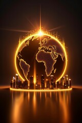 Fototapeta premium Glowing golden globe with connecting city skyscrapers, representing global technology and innovation in a futuristic style.