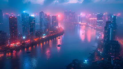 Obraz premium Night cityscape with reflection in water.