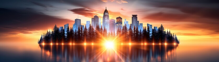 Fototapeta premium Stunning panoramic view of a modern city skyline at sunset with vibrant colors and reflections on the water. Ideal for urban-themed visuals.