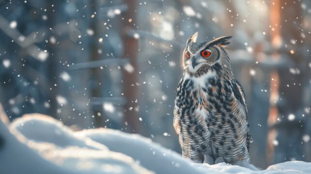Majestic owl in snowfall, serene winter scene. Close-up of owl with red eyes. AI-generated wildlife photography.