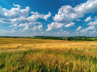 Fototapeta premium A serene landscape with tall grass swaying in the breeze beneath a clear blue sky