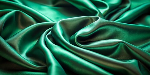 Obraz premium Emerald Green Satin Draped Fabric Close-Up, Fabric Texture, Silk, Green, Satin, Draped