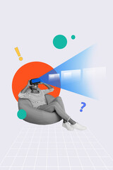 Vertical image picture young joyful excited woman headwear virtual reality helmet device modern...