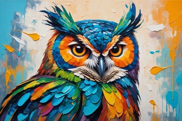 Obraz premium Colorful abstract portrait painting of a woodland forest owl bird animal, nature theme concept texture design. 