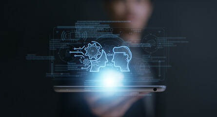 businessman using Ai technology in business by artificial intelligence,  smart robot AI, Futuristic technology transformation, using AI technology for developing running business on cloud computing