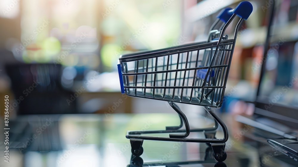 Poster shopping cart icon on a computer screen with items ready to purchase.