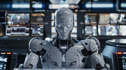 Naklejka premium Futuristic Robot in Control Room.