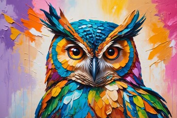 Obraz premium Colorful abstract portrait painting of a woodland forest owl bird animal, nature theme concept texture design. 
