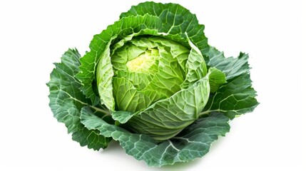 Obraz premium A high-resolution photo of a fresh green cabbage, isolated on a static white background. The cabbage is centered, showcasing its leafy texture and vibrant color, with ample copy space around it,