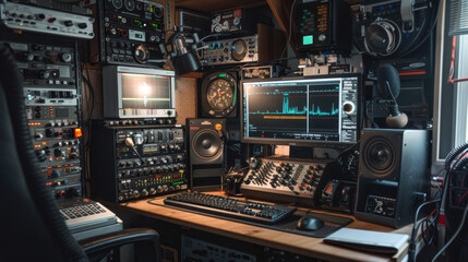 A modern-day ham radio operator's station with contemporary Morse code equipment, including a transceiver, headphones, and a digital interface displaying Morse code signals. 