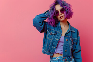 Photo of a fashion model posing, wearing a blue denim jacket and jeans with purple hair and sunglasses on a pink background, in the style of a copy space concept, in a studio shot
