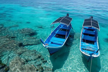 Two Blue Boats Moored in Crystal Clear Waters.