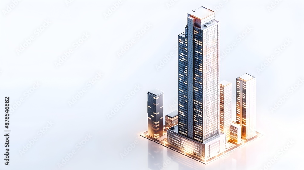 Poster sleek white skyscraper architectural 3d rendering on minimalist background