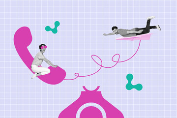 Composite sketch image photo collage of space page landline phone lovely woman sit wait call date app talk boyfriend girlfriend together