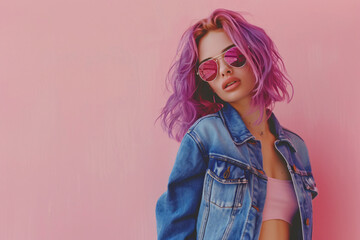 Photo of a fashion model posing, wearing a blue denim jacket and jeans with purple hair and sunglasses on a pink background, in the style of a copy space concept, in a studio shot