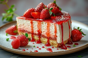 A slice of strawberry cheesecake with a drizzle of strawberry sauce on top