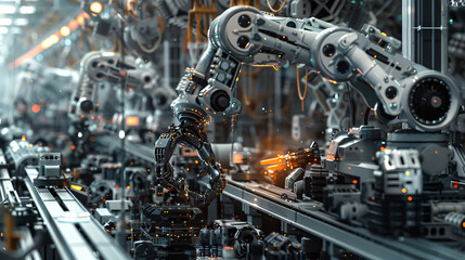 A factory setting with robots performing tasks like assembly, welding, and quality control on a production line, showcasing precision and efficiency. -