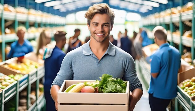 A smiling man holding a box of fresh groceries in a food pantry, surrounded by other volunteers sorting and organizing food items