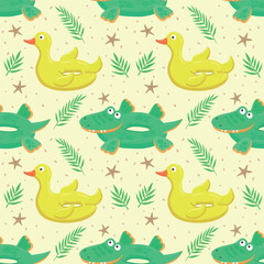 Seamless pattern with green inflatable crocodile and yellow duck. A float for the pool. Inflatable colorful crocodiles and a duck. A swimming circle. Vector template for your summer beach design