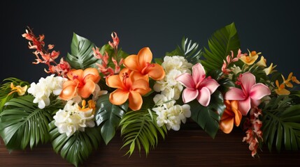 Obraz premium Vibrant Tropical Flower Arrangement on Wooden Table
