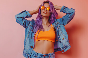 Photo of a fashion model posing, wearing a blue denim jacket and jeans with purple hair and sunglasses on a pink background, in the style of a copy space concept, in a studio shot