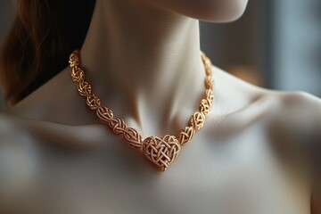 A woman wearing a gold necklace with a heart pendant