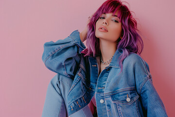 Photo of a fashion model posing, wearing a blue denim jacket and jeans with purple hair and sunglasses on a pink background, in the style of a copy space concept, in a studio shot