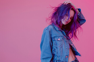 Photo of a fashion model posing, wearing a blue denim jacket and jeans with purple hair and sunglasses on a pink background, in the style of a copy space concept, in a studio shot