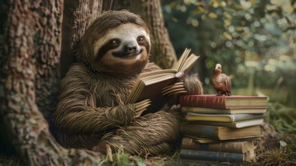 Fototapeta premium A sloth reading a book under a tree, with a stack of books beside it