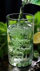 a glass filled with water and lemon on a table.