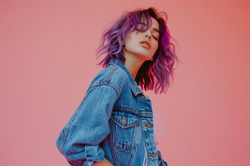 Photo of a fashion model posing, wearing a blue denim jacket and jeans with purple hair and sunglasses on a pink background, in the style of a copy space concept, in a studio shot