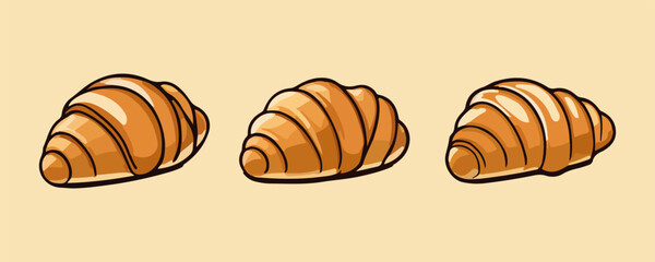 Set of croissant vector illustrations isolated on light background. Whole fresh baked vector illustration, delicious bread croissant icon, For logo, sticker, label, icon or favicon. 