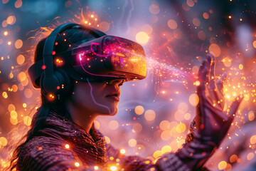 A young woman wearing a VR headset gesturing and interacting with glowing virtual particles, showcasing the immersive and kinetic possibilities of virtual reality
