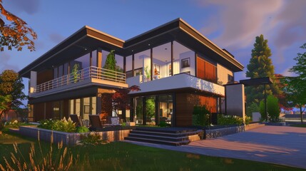 Contemporary house with a unique geometric design, large windows, and modern interior